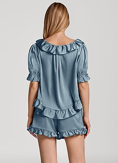 front Ruffled Short Sleeve Satin Pajama Set
