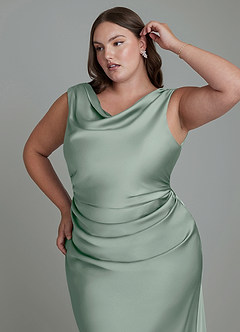Azazie Kieryn Bridesmaid Dresses Agave Mermaid Pleated Stretch Satin Dress image12