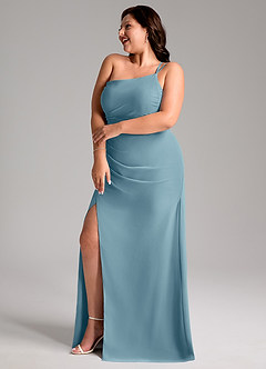 Azazie Eren Bridesmaid Dresses Moody Blue Sheath One Shoulder Chiffon Dress image11