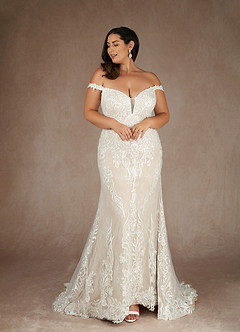 Azazie Memphis Vestidos de novia Vestido de Blanco Diamante Champán de Encaje de Corte Sirena con Lentejuelas Cuello en V image9