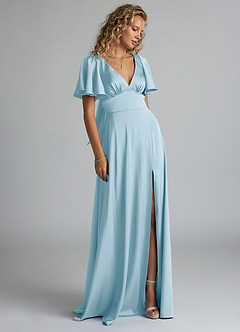 Azazie Kimber Robes de demoiselle d'honneur Robe Trapèze en Satin extensible Rayé Bleu Ciel image4