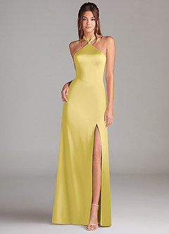 Azazie Elliana Bridesmaid Dresses Canary Sheath Side Slit Stretch Satin Dress image4