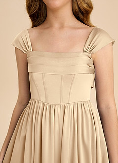 Azazie Hattie Junior Abito A-Line in Raso Elasticizzato Plissettato Champagne image9