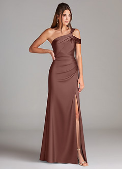 Azazie Wynter Bridesmaid Dresses Espresso Sheath Off the Shoulder Stretch Satin Dress image4