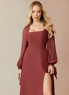 Azazie Leonia Abiti da Damigella Abito A-Line in Chiffon Maniche Lunghe Terracotta image9