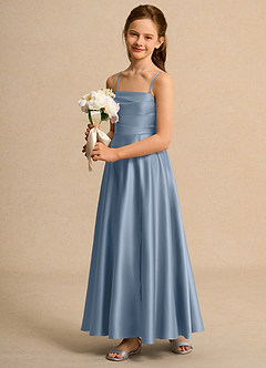 Azazie Pebbles Girl Flower Girl Dresses Dusty Blue A-Line Pleated Matte Satin Dress image6