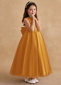 Azazie Cookie Flower Girl Dresses Butterscotch A-Line Bow Tulle Dress image3