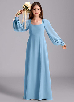 Azazie Bondi Junior Vestido de Azul Acero de Gasa de Corte en A con Blusón image5