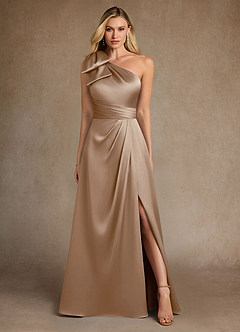 Azazie Easton Mother of the Bride Dresses Taupe A-Line One Shoulder Stretch Satin Dress image1