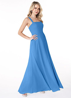 Azazie Jay Robes de demoiselle d'honneur Robe Trapèze en Mousseline de soie Encolure carrée Fente latérale Geai Bleu image3