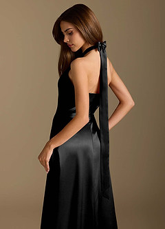 Azazie Tracie Final Sale Black A-Line Pleated Metallic Satin Dress image8