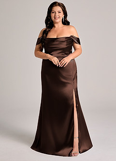 Azazie Saige Brautjungfernkleider Wandelbar Etui Schulterfrei Metallischer Satin Kleid Ganache image8