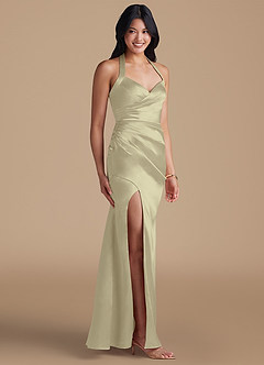 Azazie Emeria Bridesmaid Dresses Moss Green Sheath Side Slit Metallic Satin Dress image6