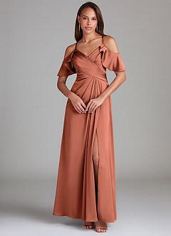 Azazie Dakota Jurken voor bruidsmeisjes Jurk van Stretch Satijn met A-Lijn Off the Shoulder Klei image3