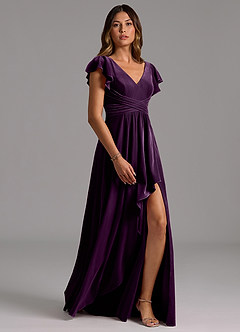Azazie Omari Bridesmaid Dresses Grape A-Line Pleated Velvet Dress image3
