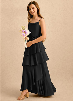 Azazie Indiah Girls Formal 플라워 걸 드레스 A라인 러칭 쉬폰 플로어 길이 드레스 image4