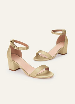 front Sandalias de tacón de bloque con hebilla de una tira de satén metalizado de color a juego