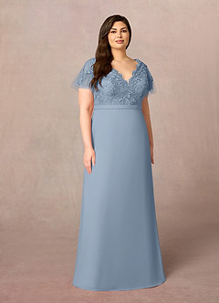 Azazie Singer Mother of the Bride Dresses Dusty Blue A-Line V-Neck Lace Chiffon Dress image7
