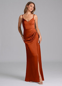 Azazie Leo Final Sale Paprika Sheath Pleated Stretch Satin Dress image4