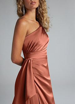 Azazie Maive Bridesmaid Dresses Clay Sheath Ruched Stretch Satin Dress image5