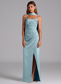 Azazie Calandra Robes de demoiselle d'honneur Robe Trapèze en Satin extensible Plissée Bleu Maussade image4