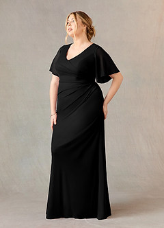 Azazie Selah vestidos de madre de la novia Vestido de Negro de Malla de Corte En A con Cuello en V fruncido image8