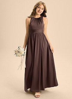 Azazie Jaylah Junior Ganache A-Line Pleated Stretch Satin Dress image3