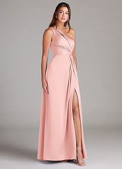 Azazie Brooke Bridesmaid Dresses Powder Pink A-Line One Shoulder Stretch Satin Dress image5