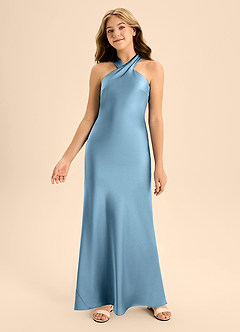 Azazie Doretta Junior Vestido de Azul Acero de Satén Elástico de Corte En A con Plisado image4