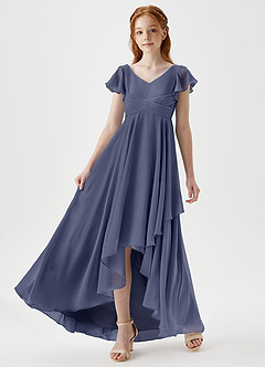 Azazie Caria Junior Abito A-Line in Chiffon Plissettato Stormy image5