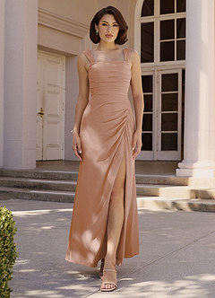 Azazie Jesaphine Bridesmaid Dresses Champagne Rose Sheath Bow Chiffon Dress image2