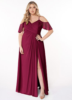 Azazie Dakota Brautjungfernkleider A-Linie V-Hals Gefaltet Chiffon Kleid Burgunderrot image1