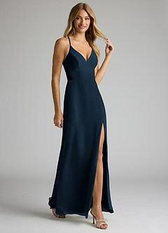 Azazie Becca Bridesmaid Dresses Dark Navy Sheath V-Neck Chiffon Dress image2