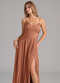 Azazie Vini Vestidos de damas de honor Vestido de Bronceador de Satén Elástico de Corte en A con Plisado image2