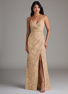 Azazie Maci Bridesmaid Dresses Champagne Sheath Pleated Floral Burnout Dress image4