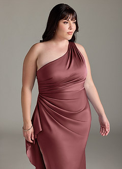 Azazie Latrice Bridesmaid Dresses Amethyst Sheath One Shoulder Cascading Ruffles Stretch Satin Dress image11