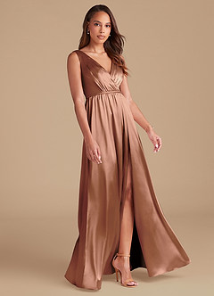 Azazie Tanicia Bridesmaid Dresses Bronzer A-Line Pleated Metallic Satin Dress image4