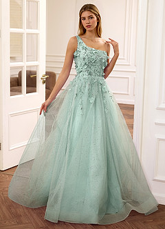 Felicite Light Green Floral A-line Tulle Sequin One Shoulder Glitter Prom Dress image8