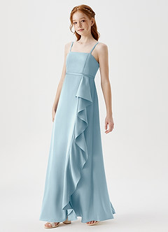 Azazie Kaylee Junior Robe Trapèze en Satin extensible avec ceinture Bleu Maussade image4