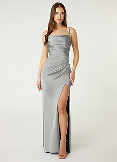 Azazie Desi Bridesmaid Dresses Silver Sheath Halter Corset Stretch Satin Dress image1