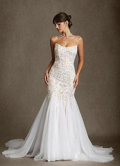 Azazie Harmony Wedding Dresses Diamond White Champagne Mermaid Strapless Tulle Dress image1