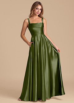 Azazie Shaude Bridesmaid Dresses Olive A-Line Pleated Metallic Satin Dress image3