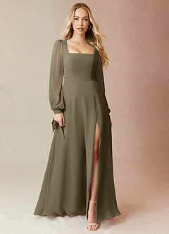 Azazie Leonia Bridesmaid Dresses Willow Green A-Line Long Sleeve Chiffon Dress image3