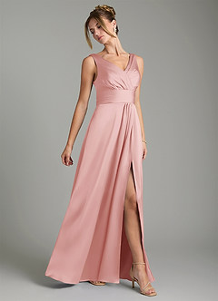 Azazie Karina Bridesmaid Dresses Powder Pink A-Line Pleated Stretch Satin Dress image4