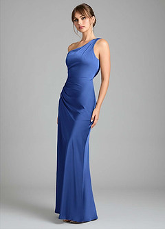 Azazie Madelyn Bridesmaid Dresses Royal Blue Mermaid One Shoulder Stretch Satin Convertible Dress image6