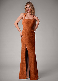 Azazie Luci Abiti da Damigella Abito Convertibile Sirena in Burnout Floreale Plissettato Arancia Bruciata image6