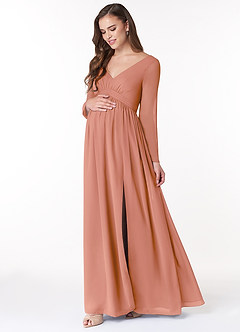 Azazie Teton Maternity Bridesmaid Dresses A-Line Long Sleeve Chiffon Floor-Length Dress image3