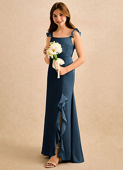 Azazie Novalie Girls Formal Flower Girl Dresses Dark Navy Mermaid Bow Stretch Satin Dress image2