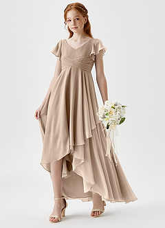 Azazie Caria Junior Robe Trapèze en Mousseline de soie Plissée Taupe image1