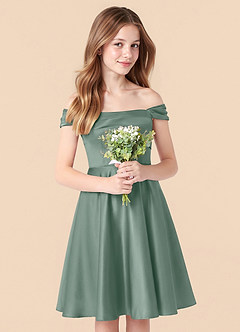 Azazie Amira Junior Silver Sage A-Line Pleated Stretch Satin Dress image5